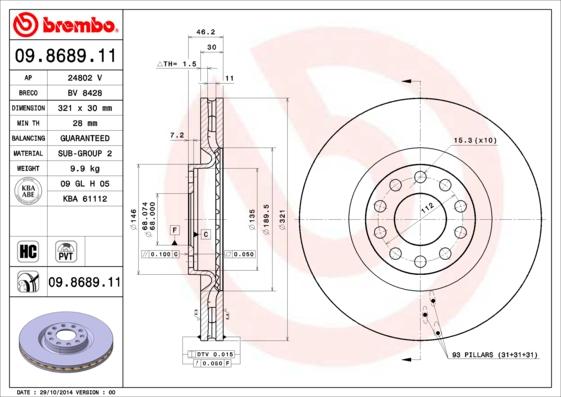 Brembo 09.8689.11 - Bremžu diski autodraugiem.lv