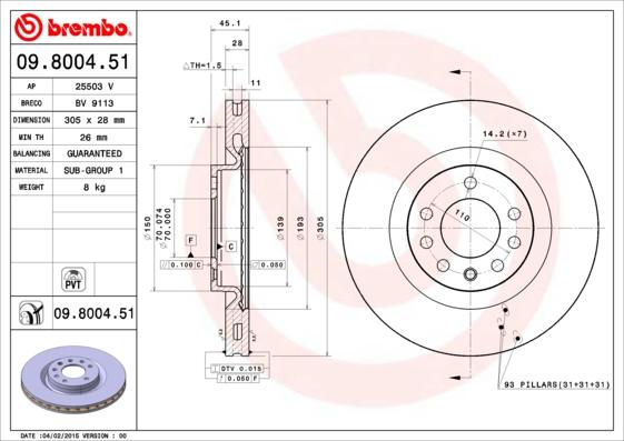 Brembo 09.8004.51 - Bremžu diski autodraugiem.lv