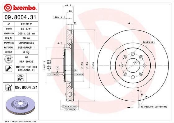 Brembo 09.8004.31 - Bremžu diski autodraugiem.lv