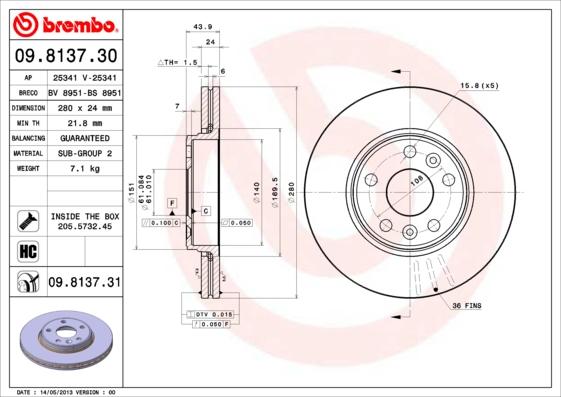 Brembo 09.8137.31 - Bremžu diski autodraugiem.lv