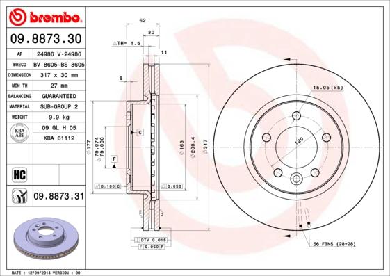 Brembo 09.8873.31 - Bremžu diski autodraugiem.lv