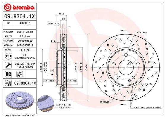 Brembo 09.8304.1X - Bremžu diski autodraugiem.lv