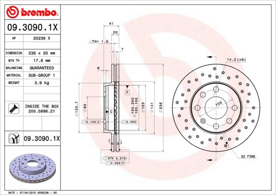 Brembo 09.3090.1X - Bremžu diski autodraugiem.lv