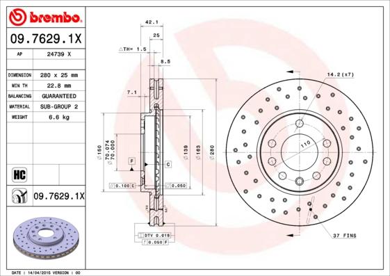 Brembo 09.7629.1X - Bremžu diski autodraugiem.lv