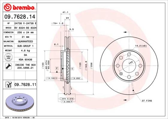 Brembo 09.7628.14 - Bremžu diski autodraugiem.lv