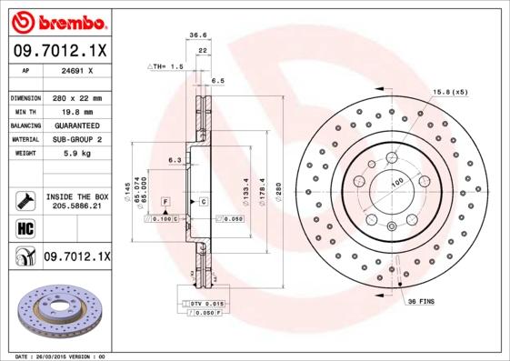 Brembo 09.7012.1X - Bremžu diski autodraugiem.lv