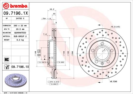 Brembo 09.7196.1X - Bremžu diski autodraugiem.lv