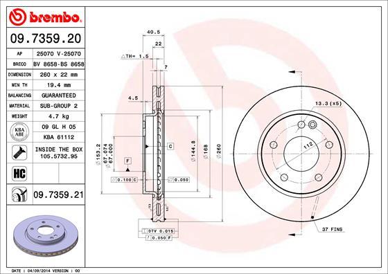 Brembo 09.7359.20 - Bremžu diski autodraugiem.lv