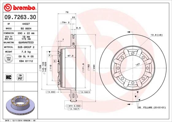 Brembo 09.7263.30 - Bremžu diski autodraugiem.lv