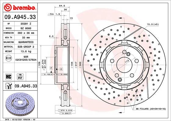 Brembo 09.A945.33 - Bremžu diski autodraugiem.lv