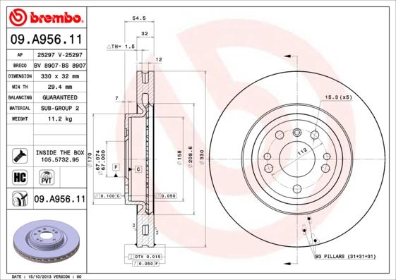 Brembo 09.A956.11 - Bremžu diski autodraugiem.lv