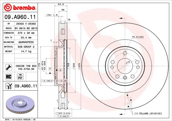 Brembo 09.A960.11 - Bremžu diski autodraugiem.lv