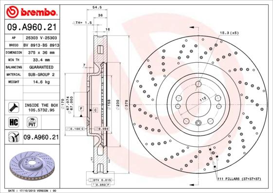 Brembo 09.A960.21 - Bremžu diski autodraugiem.lv