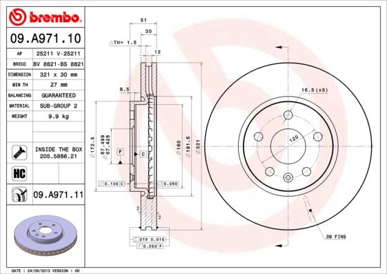 Brembo 09.A971.10 - Bremžu diski autodraugiem.lv