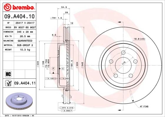 Brembo 09.A404.11 - Bremžu diski autodraugiem.lv