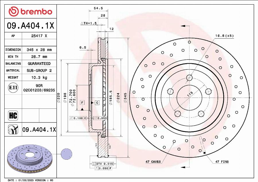 Brembo 09.A404.1X - Bremžu diski autodraugiem.lv