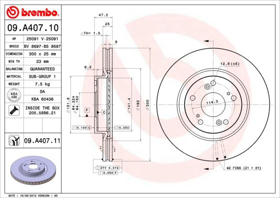 Brembo 09.A407.10 - Bremžu diski autodraugiem.lv