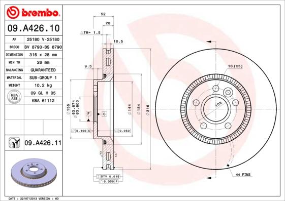 Brembo 09.A426.11 - Bremžu diski autodraugiem.lv