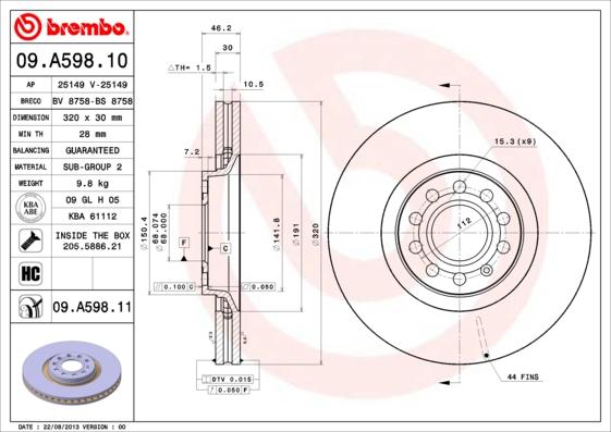 Brembo 09.A598.11 - Bremžu diski autodraugiem.lv