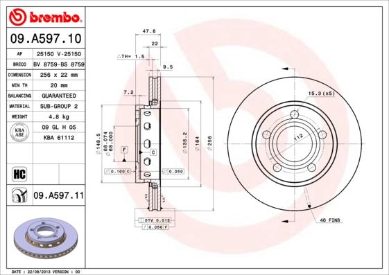 Brembo 09.A597.11 - Bremžu diski autodraugiem.lv