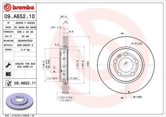 Brembo 09.A652.10 - Bremžu diski autodraugiem.lv