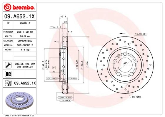 Brembo 09.A652.1X - Bremžu diski autodraugiem.lv