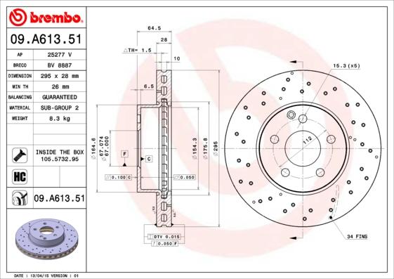 Brembo 09.A613.51 - Bremžu diski autodraugiem.lv