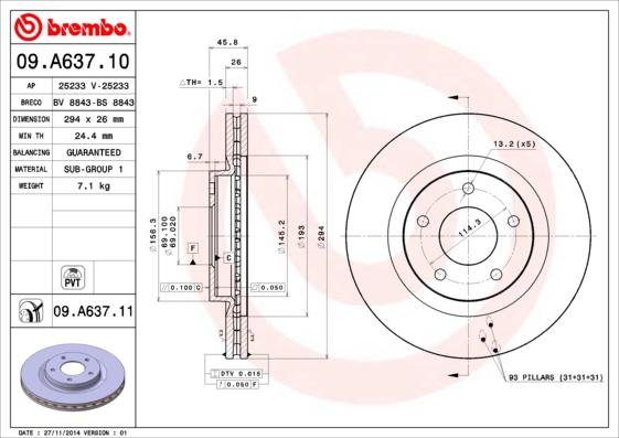 Brembo 09.A637.10 - Bremžu diski autodraugiem.lv