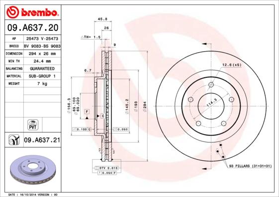 Brembo 09.A637.20 - Bremžu diski autodraugiem.lv