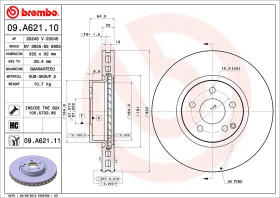 Brembo 09.A621.11 - Bremžu diski autodraugiem.lv