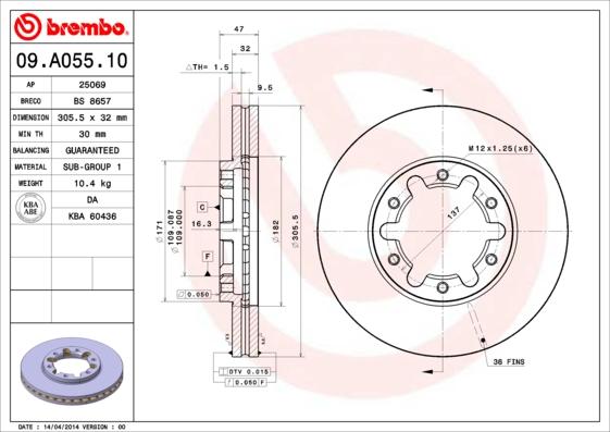 Brembo 09.A055.10 - Bremžu diski autodraugiem.lv