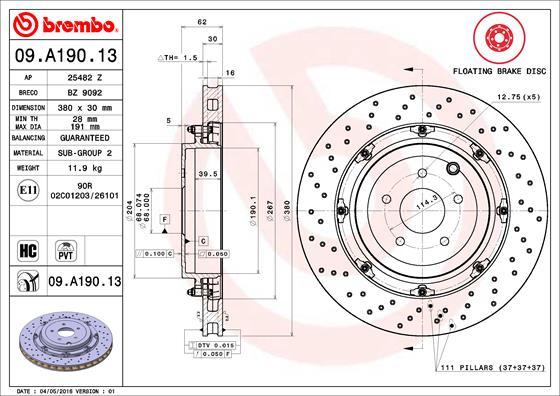 Brembo 09.A190.13 - Bremžu diski autodraugiem.lv