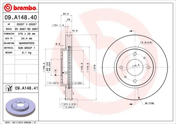 Brembo 09.A148.40 - Bremžu diski autodraugiem.lv