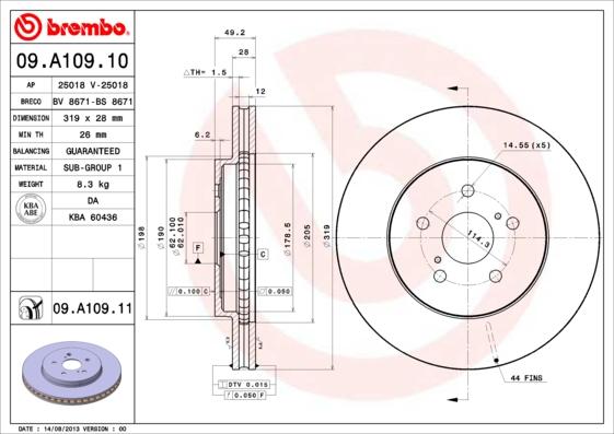 Brembo 09.A109.11 - Bremžu diski autodraugiem.lv