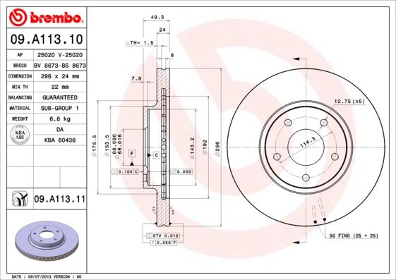 Brembo 09.A113.10 - Bremžu diski autodraugiem.lv