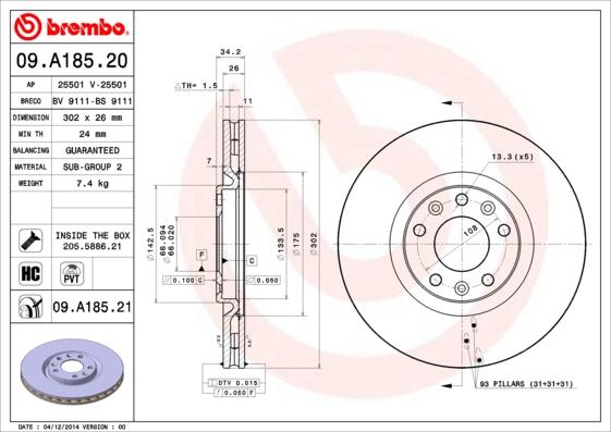 Brembo 09.A185.21 - Bremžu diski autodraugiem.lv