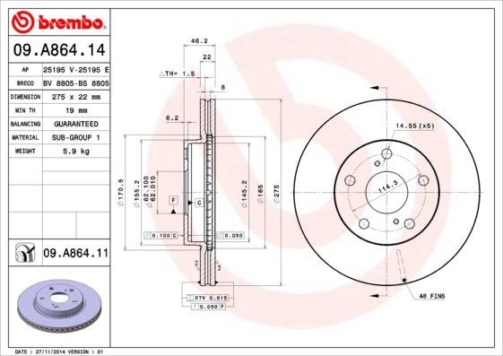 Brembo 09.A864.11 - Bremžu diski autodraugiem.lv