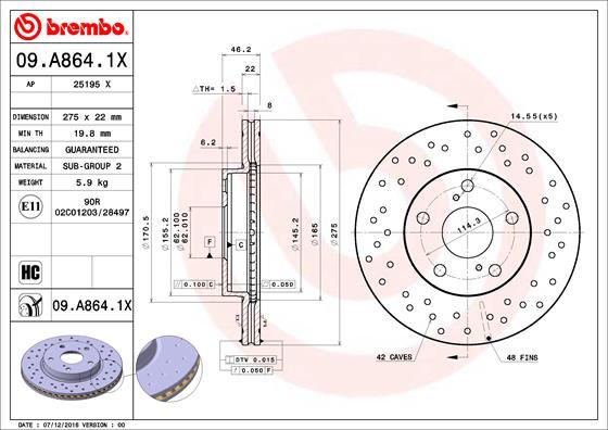 Brembo 09.A864.1X - Bremžu diski autodraugiem.lv
