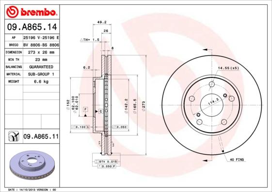 Brembo 09.A865.11 - Bremžu diski autodraugiem.lv
