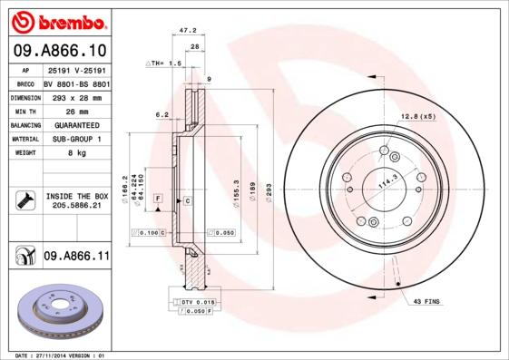 Brembo 09.A866.11 - Bremžu diski autodraugiem.lv