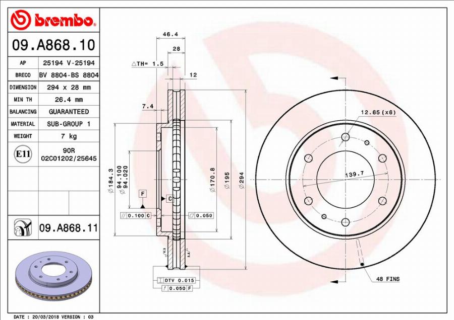 Brembo 09.A868.11 - Bremžu diski autodraugiem.lv