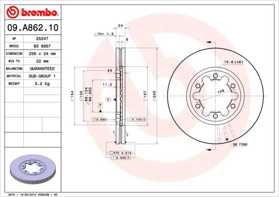 Brembo 09.A862.10 - Bremžu diski autodraugiem.lv