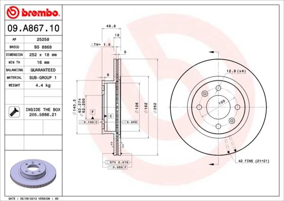 Brembo 09.A867.10 - Bremžu diski autodraugiem.lv