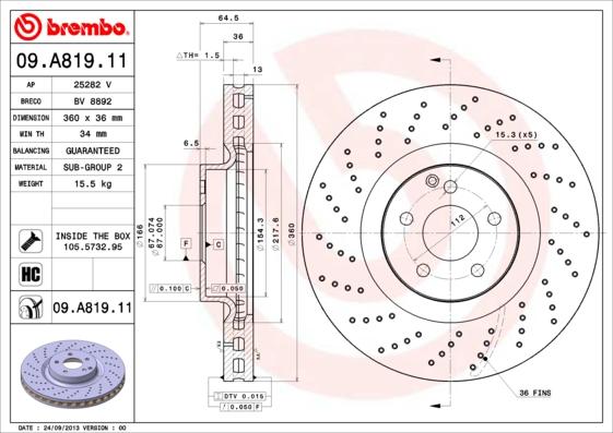 Brembo 09.A819.11 - Bremžu diski autodraugiem.lv