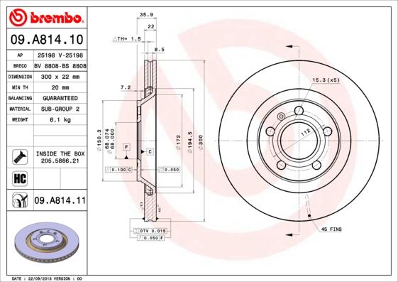 Brembo 09.A814.10 - Bremžu diski autodraugiem.lv