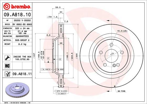 Brembo 09.A818.11 - Bremžu diski autodraugiem.lv