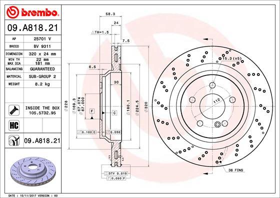 Brembo 09.A818.21 - Bremžu diski autodraugiem.lv