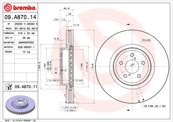 Brembo 09.A870.11 - Bremžu diski autodraugiem.lv