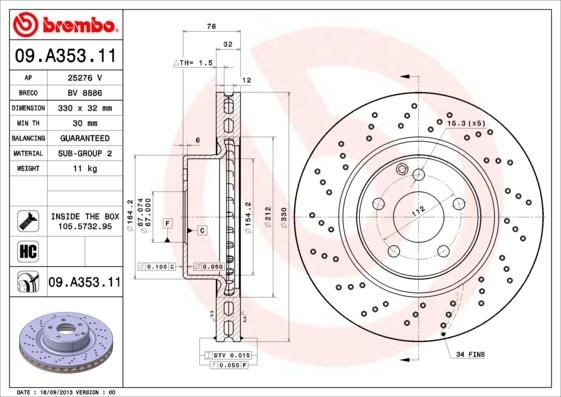 Brembo 09.A353.11 - Bremžu diski autodraugiem.lv