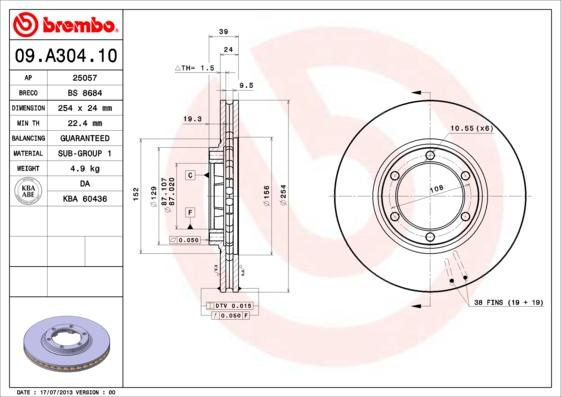 Brembo 09.A304.10 - Bremžu diski autodraugiem.lv